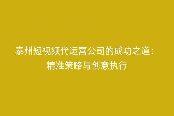 泰州短视频代运营公司的成功之道：精准策略与创意执行